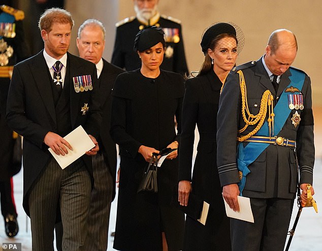 Meghan was last seen in public in the UK almost two years ago at the late Queen's funeral in September 2022. She is pictured attending the service with Prince Harry and other royals.