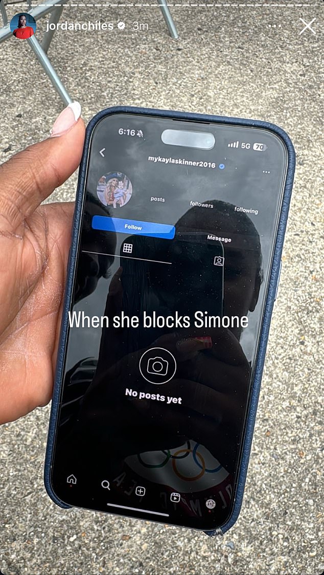 Biles' current teammate, Jordan Chiles, shared a photo online showing Skinner's blank Instagram page.