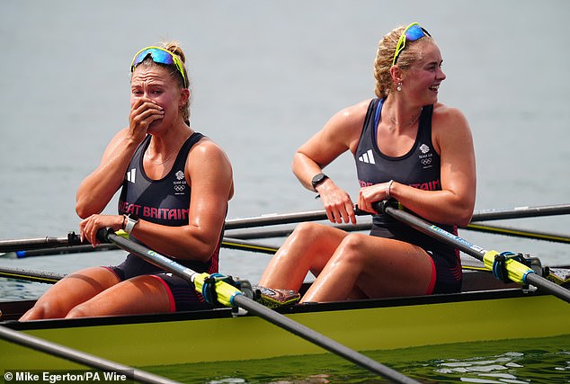 Lola Anderson (left, with Hannah Scott by her side) was in tears after crossing the finish line 0.15 seconds ahead of the Netherlands team, who had to settle for silver.