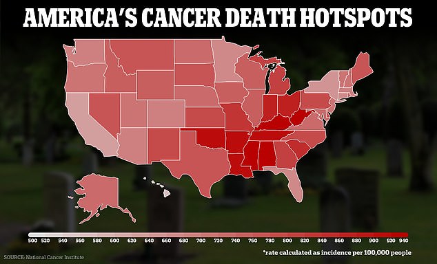 CDC data shows the top cancer death clusters, with Mississippi leading with 985 deaths per 100,000 people