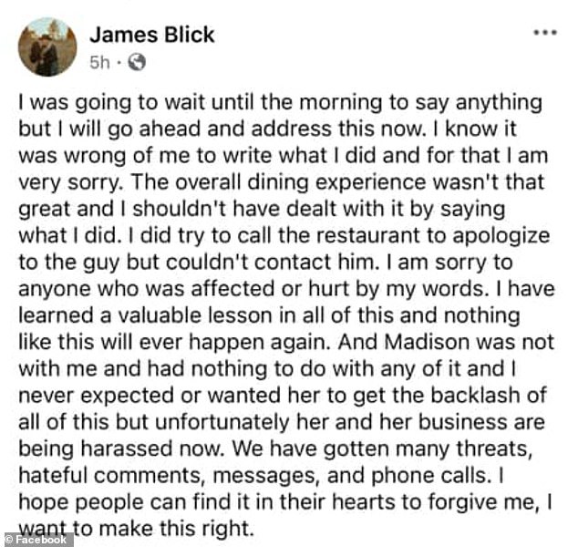 Customer James Blick apologized online and complained about the 