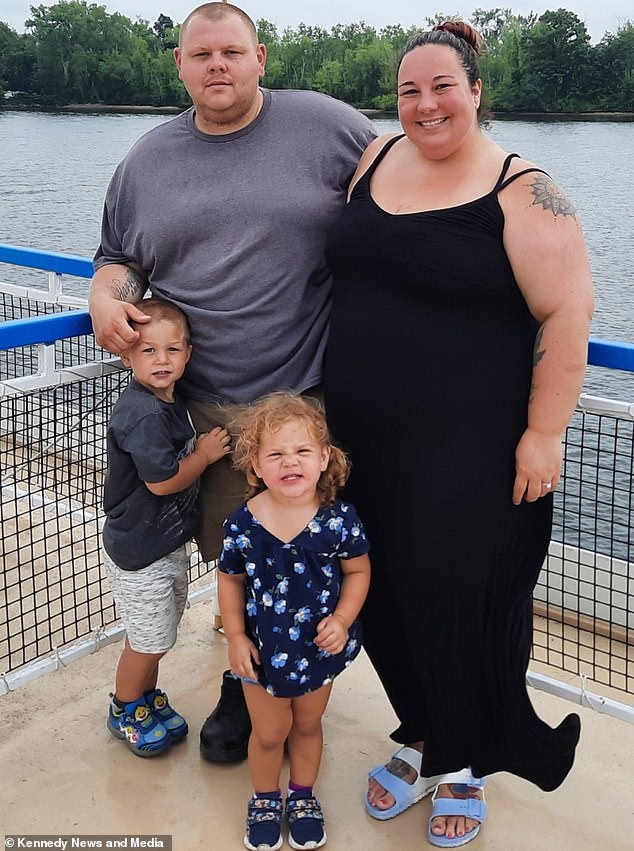 Mrs Hutchinson said her weight had previously caused her problems, including being refused entry onto rollercoasters and having to request seatbelt extenders on planes because of her morbid obesity. She is pictured with her husband Ryan and their two children Harrison and Nevaeh.