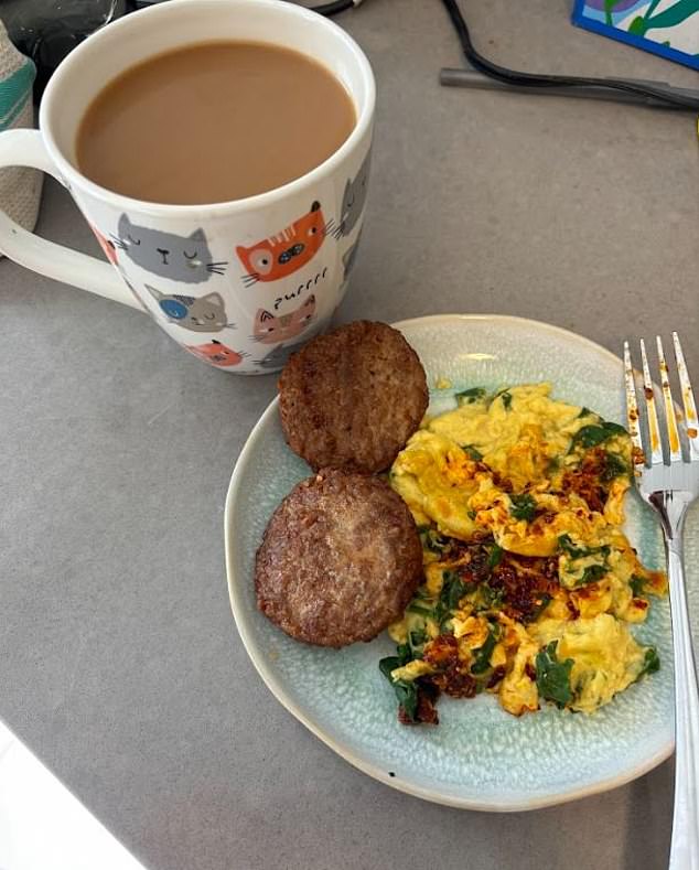 This was my go-to breakfast on the weekends: plant-based eggs with spinach and chili oil, plus Beyond sausage. I'm not a big breakfast person, but I found myself missing eggs and bacon.