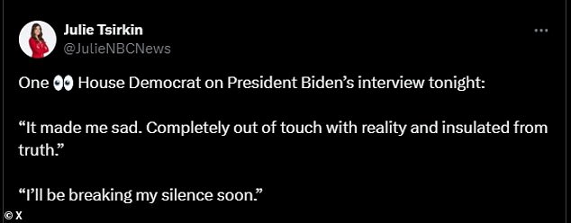 A House Democrat also told NBC's Julie Tsirkin that the interview put them 