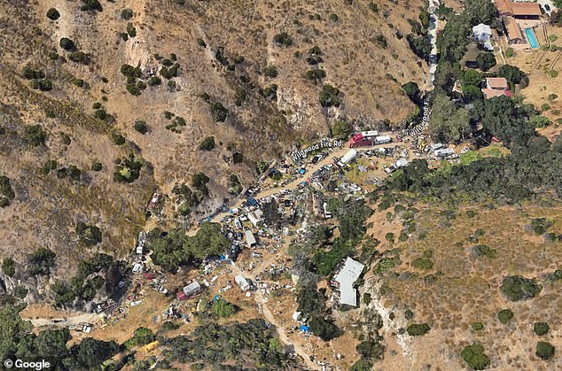 His next-door neighbor, Ferrera (who relatives told the LA Times is a mentally ill hoarder) has turned his land into an unlicensed dump, visible in aerial images.