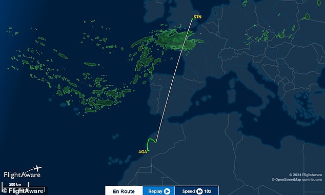 Flight tracking website FlightAware showed the journey of flight RUK3034 as it took off from Agadir, a city on the Atlantic coast of southern Morocco.