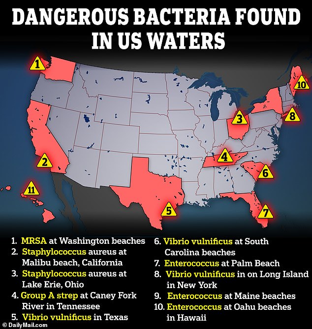 Dangerous bacteria that can corrode flesh can be found on beaches and holiday resorts across the country. Above are several examples of places where they have been detected.