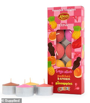 Prices range from $12.99 for bath bombs to $54.99 for a 350g candle (assorted tea lights pictured)