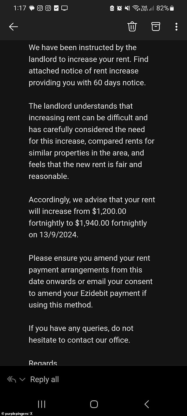 Tenants' rights advocate Jordan van den Berg, known online as Purplepingers, shared an email from a letting agent reporting a rent increase issued by an anonymous landlord (pictured)