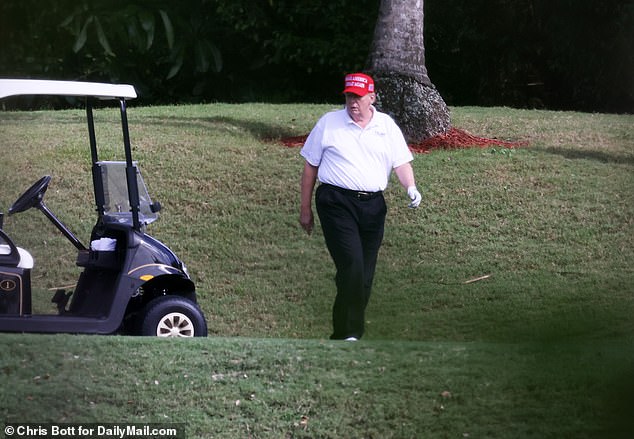 Trump and Biden exchanged sarcastic comments about golf. In the image, Trump is seen at his golf course in West Palm Beach