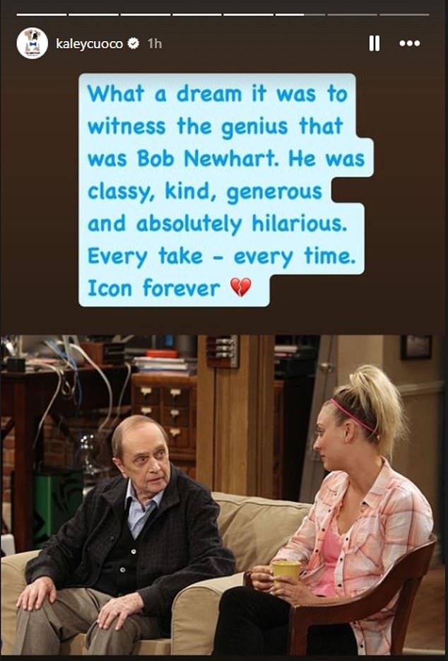 Actress Kaley Cuoco, who welcomed Newhart on The Big Bang Theory, took to Instagram Stories to pay tribute to the late comedy legend.