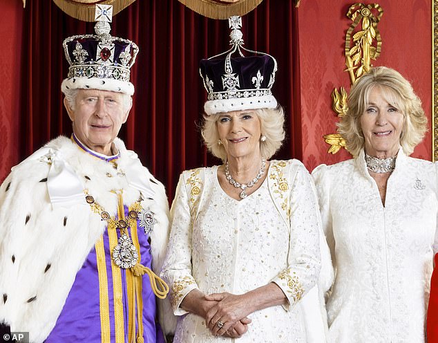 King Charles, Queen Camilla and Annabel Elliot on Coronation Day, 6 May 2023