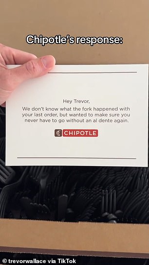 Chipotle sent a note with the box, referencing Wallace's nickname for the restaurant chain's forks.