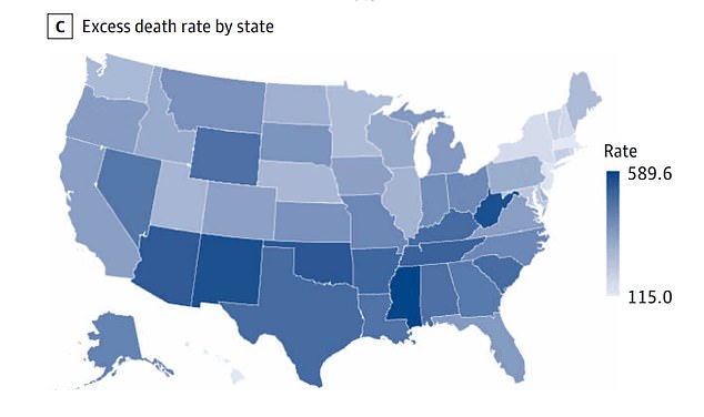 Excess deaths are deaths that occurred between 2020 and 2022 that exceeded the baseline. Many of the states where these deaths were highest were Republican-led and in the South.