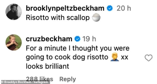 In the comments section, Cruz joked: 'For a minute there I thought you were going to cook risotto for dogs, that looks amazing.'