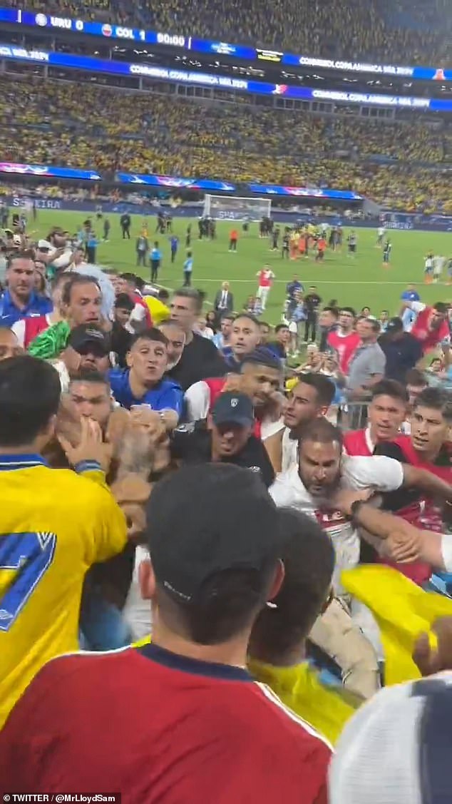 Araujo, who missed the match due to injury, was seen clashing with fans in the stands.