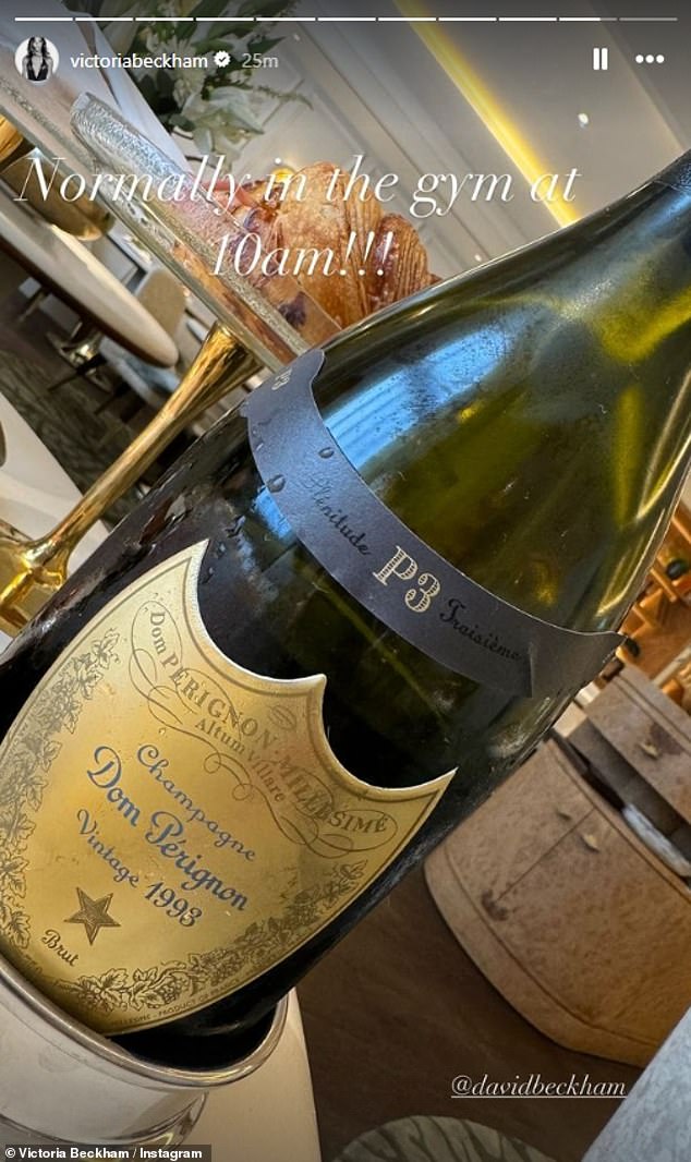 Victoria also shared close-up photos of the expensive bottle of champagne and joked: 