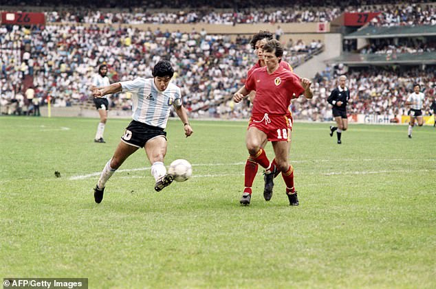 Argentina beat Belgium 2-0 during the match, with Maradona (left) scoring both goals.