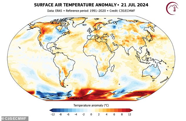 This map shows where Earth experienced extremes in heat on July 21, the hottest day on Earth, compared to the 1991-2020 reference period.