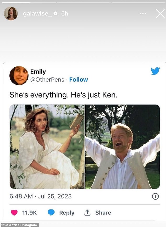 Gaia Wise, 24, shared a meme with her 11,800 followers on Instagram that featured photos of a young Emma, ​​65, and the Haunting of Venice star, 63, from her 1993 film Much Ado About Nothing captioned with the quote: 'She's everything, he's just Ken.'