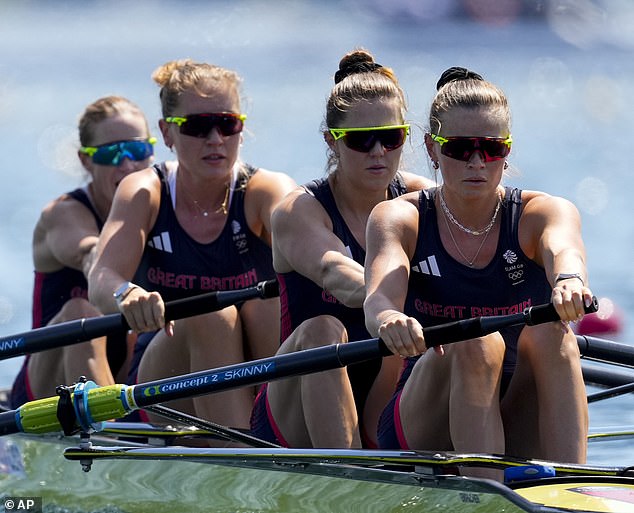 Great Britain's Helen Glover, Esme Booth, Sam Redgrave and Rebecca Shorten compete in the women's fours rowing heat at the 2024 Summer Olympics