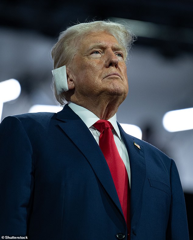 Former U.S. President Donald J. Trump appears on the first night of the Republican National Convention in Milwaukee, Wisconsin, at the Fiserv Forum. His first appearance since his assassination attempt on Saturday night in Butler, Pennsylvania.