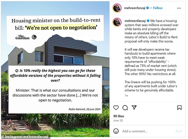 Senator Faruqi criticised the Albanian government's solution to the housing crisis last week in an Instagram post (pictured)