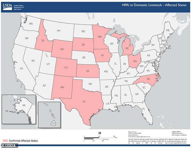 The map above shows states where avian influenza infections in livestock have been reported.