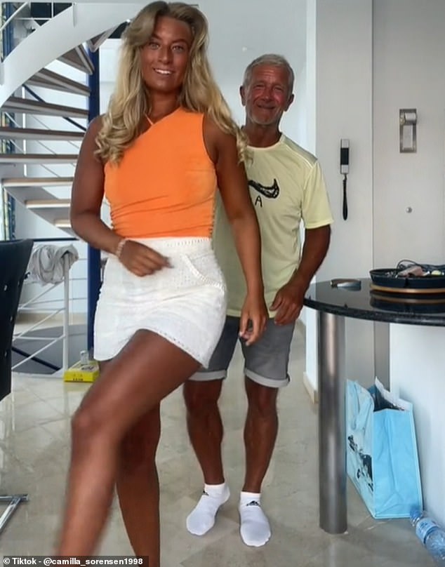 Sørensen dances with her 40-year-old father, who is also very tanned, in a video, prompting users to comment that they look the same age.