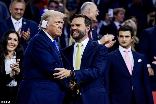 Trump and Vance of Ohio attend the second day of the Republican National Convention (RNC) at the Fiserv Forum in Milwaukee, Wisconsin, U.S., July 16, 2024.