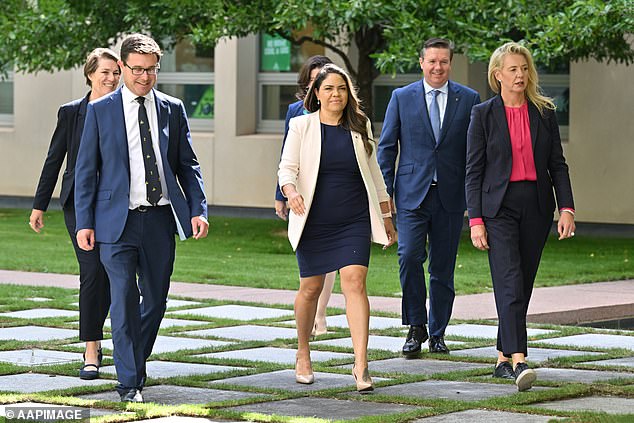 Shadow Minister for Aboriginal Australia Jacinta Nampijinpa Price is pictured arriving at a press conference in February alongside nationalist leader David Littleproud and Shadow Minister for Infrastructure Bridget McKenzie.