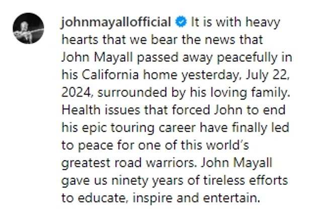 A statement was posted on John Mayall's official Instagram page today announcing his passing.