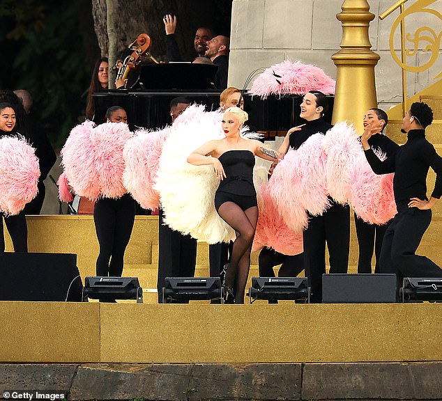 The singer looked sensational as she performed on a sweeping staircase ahead of her rumoured duet with Celine Dion, 56.