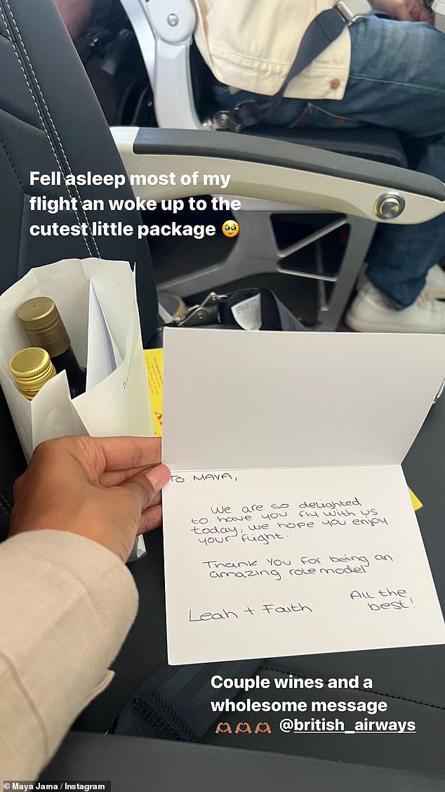 Sharing a series of travel updates on her Instagram Story, the presenter revealed the sweet gift she had received from the cabin crew during the trip.