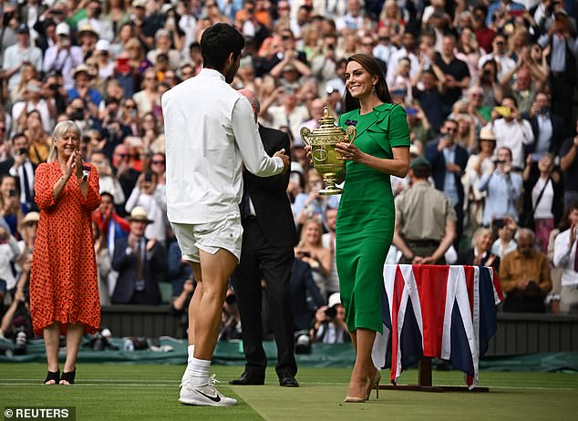 The Princess of Wales presented Spain's Carlos Alcaraz with the Wimbledon men's singles trophy after he defeated Serbia's Novak Djokovic in the final in July last year.