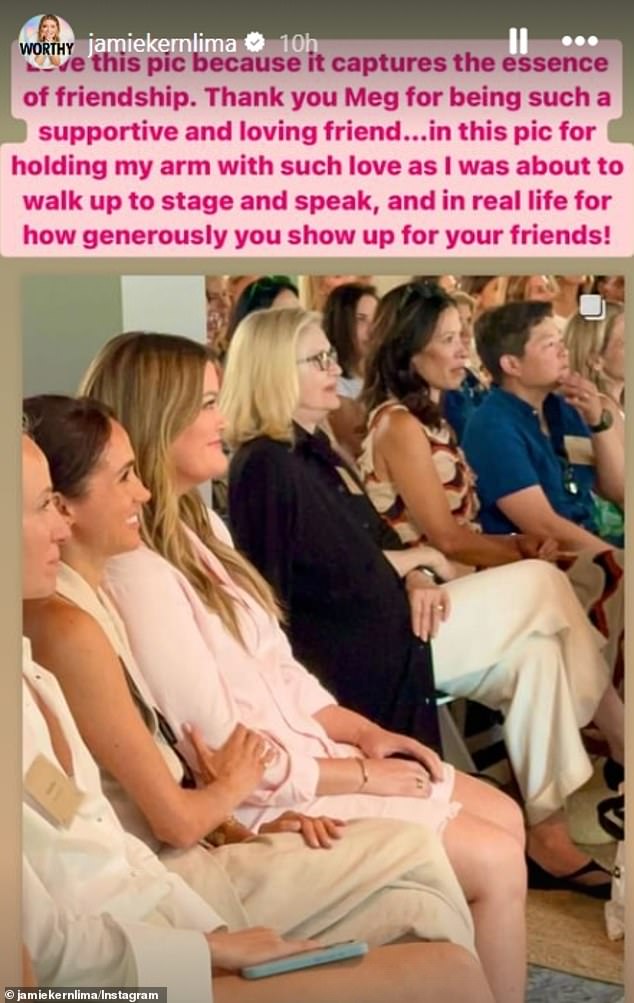 Jamie shared a sweet photo of Meghan sitting next to her and holding her arm and wrote on her Stories: 