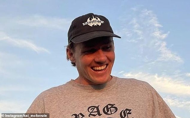 The video was shared online as the attack on 23-year-old Kai McKenzie (pictured), who suffered serious leg injuries at North Shore Beach in Port Macquarie, at around 11am on Tuesday.