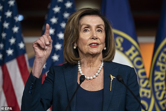 House Speaker Nancy Pelosi speaks to the media about the Senate impeachment trial at the U.S. Capitol in Washington, DC, January 16, 2020. Senate Majority Leader Mitch McConnell said the Senate trial of U.S. President Donald J. Trump on charges of abuse of power and obstruction of Congress will begin on January 21. EPA/JIM LO SCALZO