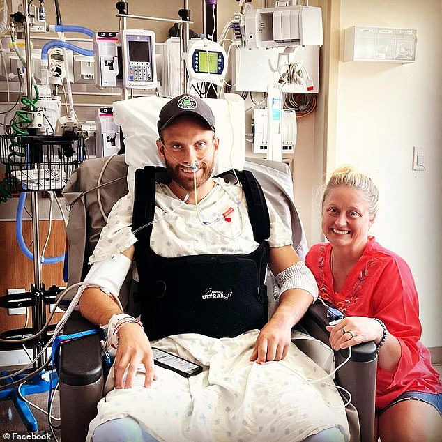 Jeff Jones (pictured in hospital with his sister Amy) after falling 25ft from a bridge in Austin, and believes he may have been pushed by the 'Rainey Street Ripper'