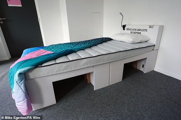 General view of a bed, made of cardboard, which will be used by athletes at the Olympic Village in Paris