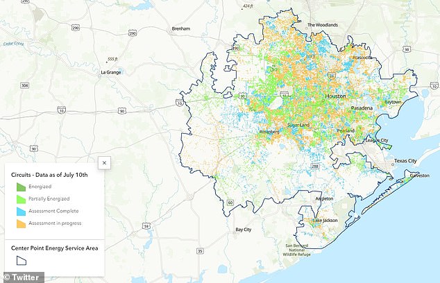 CenterPoint's power outage map showed more than a million people in Houston were without power on Thursday