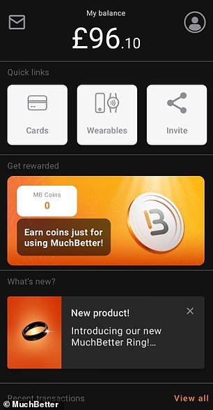 This screenshot shows the layout of the MuchBetter app: with the balance at the top and recent transactions at the bottom.