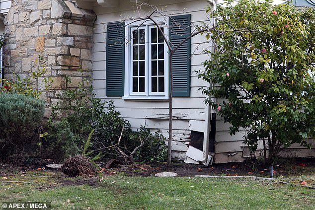 Accident scene where Pete crashed his car into a house in Los Angeles in March of last year 2023