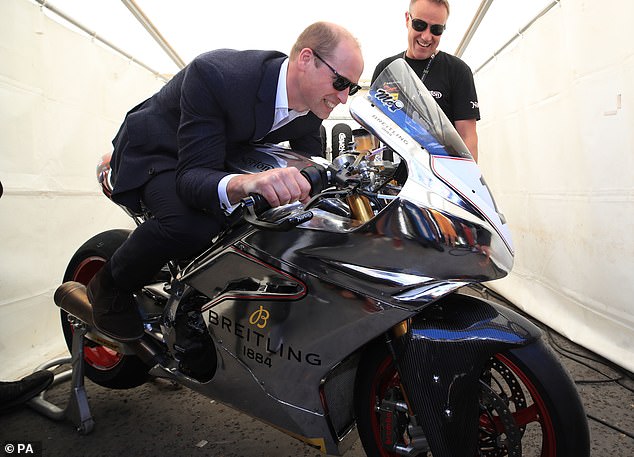 Prince William is also a motorcycle enthusiast, but seems to have given up on this hobby in recent years. Pictured: A cheerful Prince William tries out a motorbike in 2018