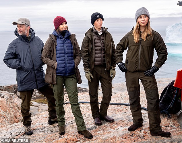 Princess Josephine, 13, wore a trendy all-khaki ensemble with a contrasting grey woollen hat.