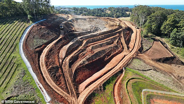 The Pacific Highway bypass near Coffs Harbour is expected to open to traffic by late 2026. Current roadworks between Bruxner Park Road and West Korora Road are shown here.