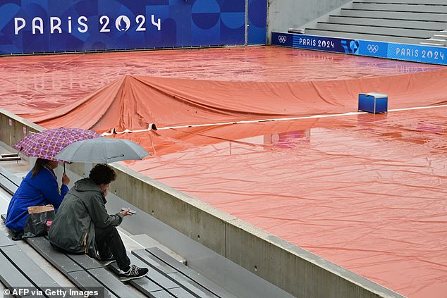 Amid heavy rain in Paris, only two Roland Garros courts were fit for play on Saturday because they had roofs, while others were covered with orange plastic sheeting to protect them.