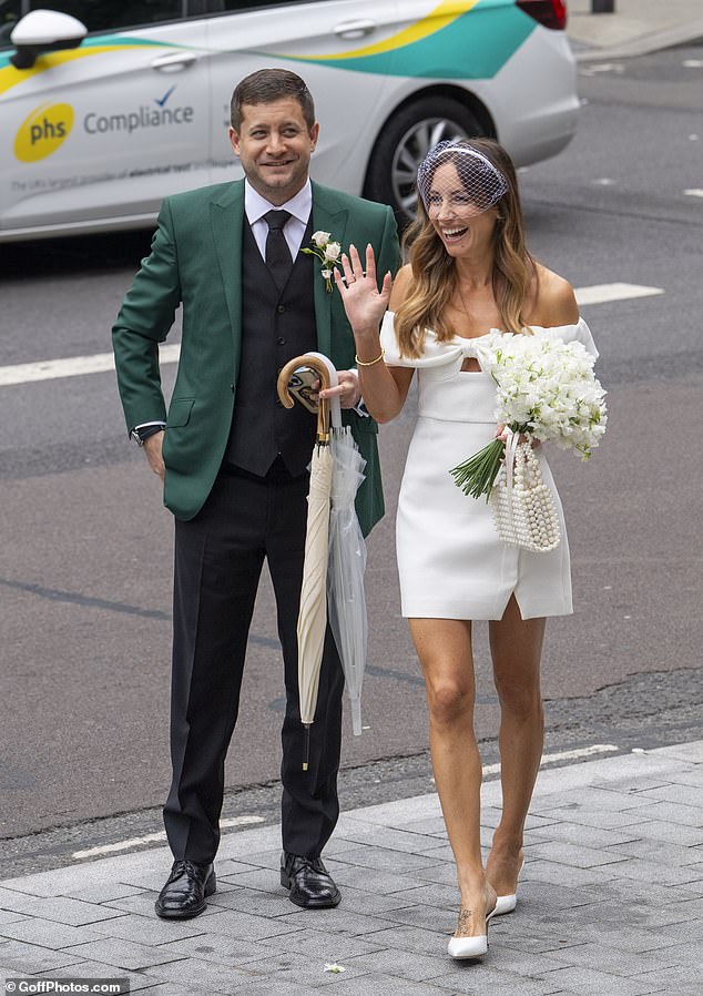 Bride Faye showed off a leggy body in a tiny white dress that featured an elegant off-the-shoulder neckline and keyhole detailing.