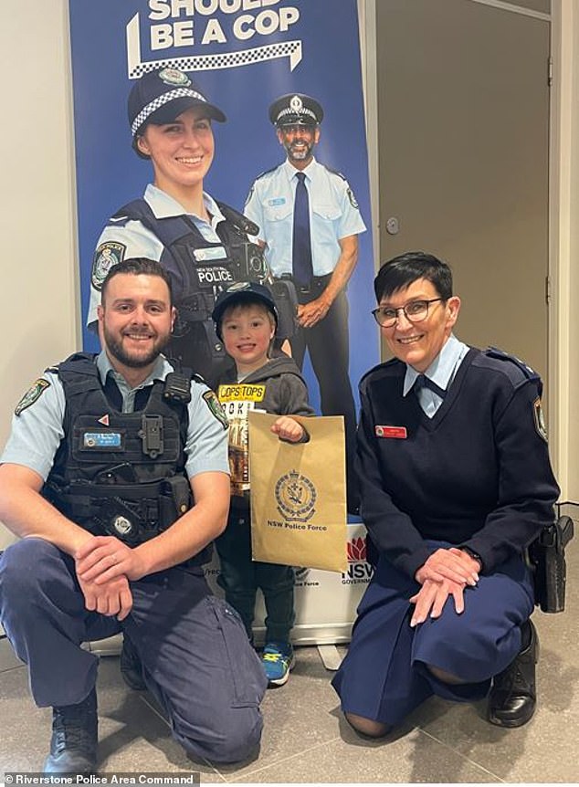 Riverstone Police thanked their community for their help in finding Xavier (pictured with officers) safe and sound.