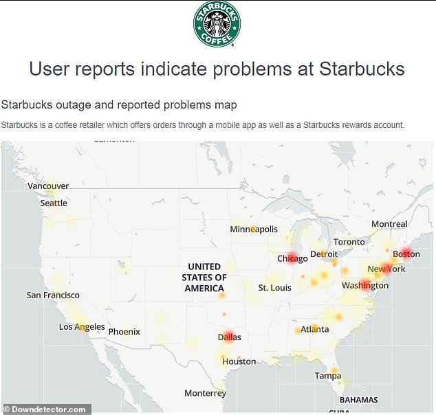 DownDetector's outage map shows problems in Boston, New York, Washington DC, Dallas, Chicago, Los Angeles, Tampa and other major cities